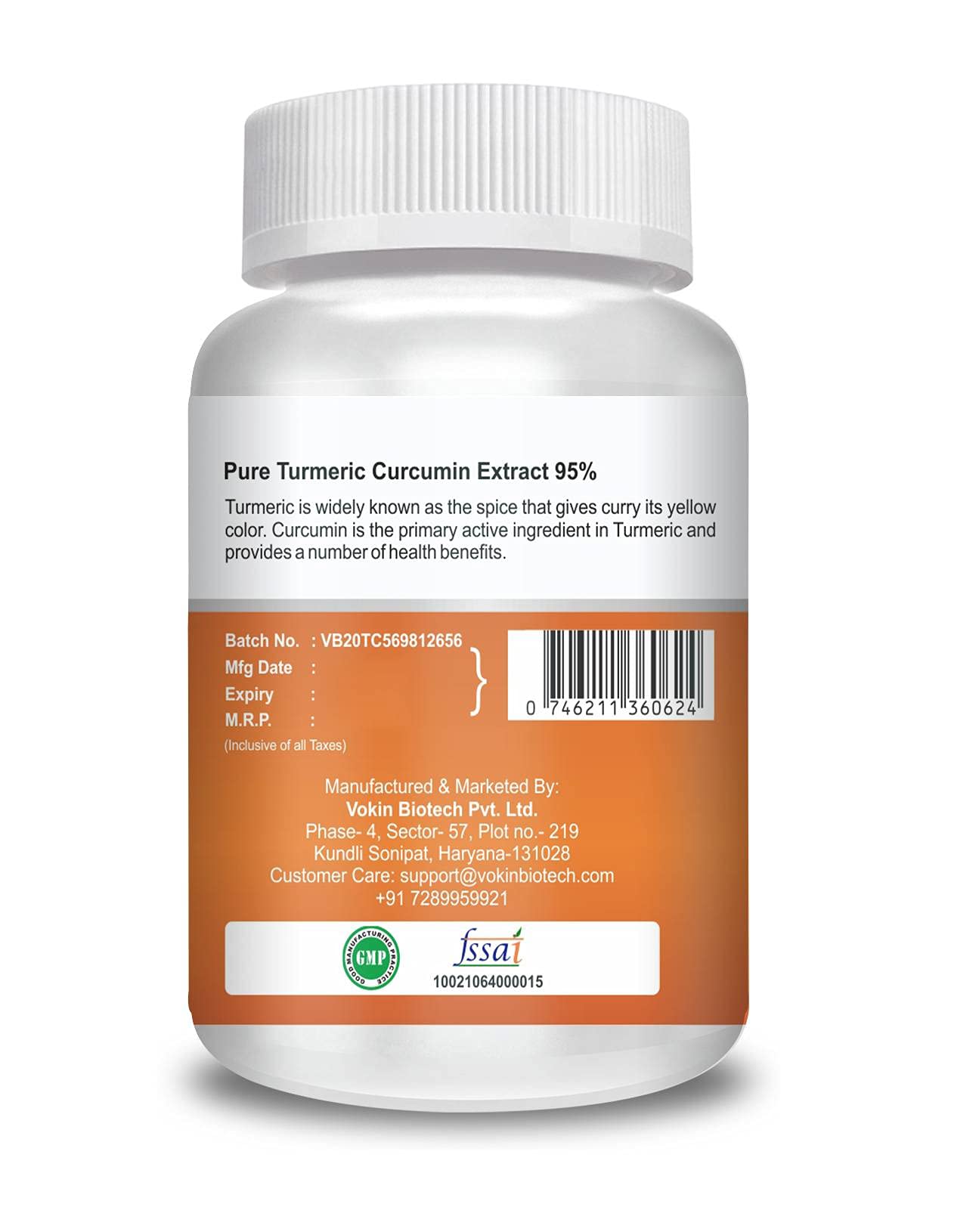 Vokin Biotech Natural Turmeric Curcumin Extract 95%(Curcuminiod) With Piperine 60 Capsules 500Mg