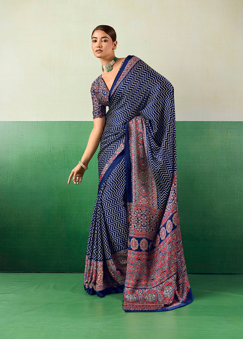 Monjolika Fashion Ajrakh Navy Blue Faux Satin Printed Saree