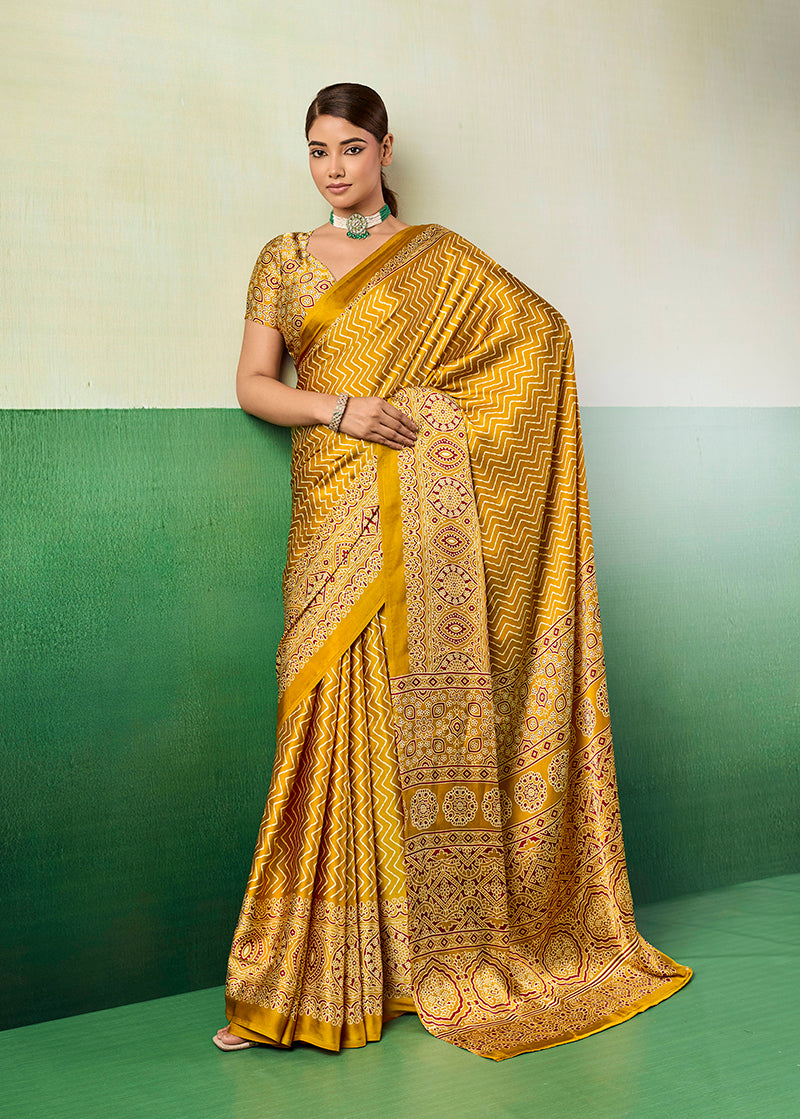 Monjolika Fashion Ajrakh Mustard Faux Satin Printed Saree
