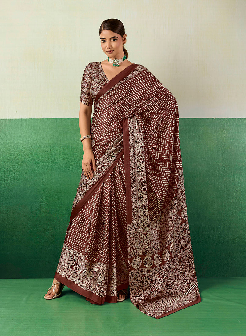 Monjolika Fashion Ajrakh Brown Faux Satin Printed Saree - Dista