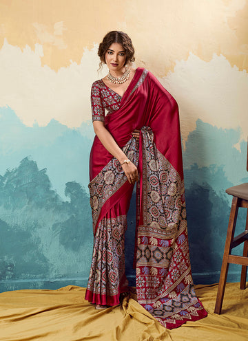 Monjolika Fashion Ajrakh Red Faux Satin Printed Saree With Ethnic Motif - Dista
