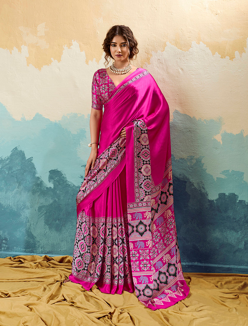 Monjolika Fashion Ajrakh Hot Pink Faux Satin Printed Saree With Ethnic Motif - Dista