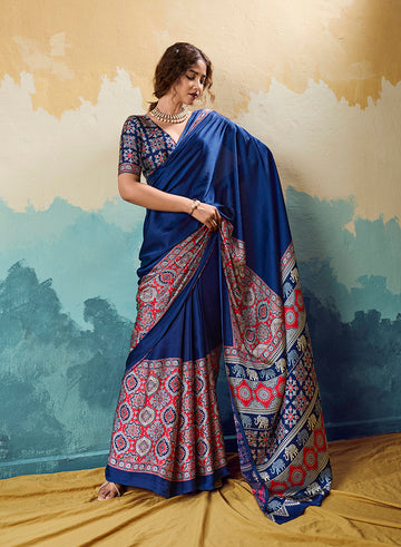 Monjolika Fashion Ajrakh Navy Blue Faux Satin Printed Saree With Ethnic Motif - Dista