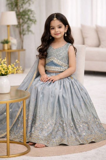 Evanik Grey Georgette Embroidered Work Wedding Kids Lehenga Choli - Dista