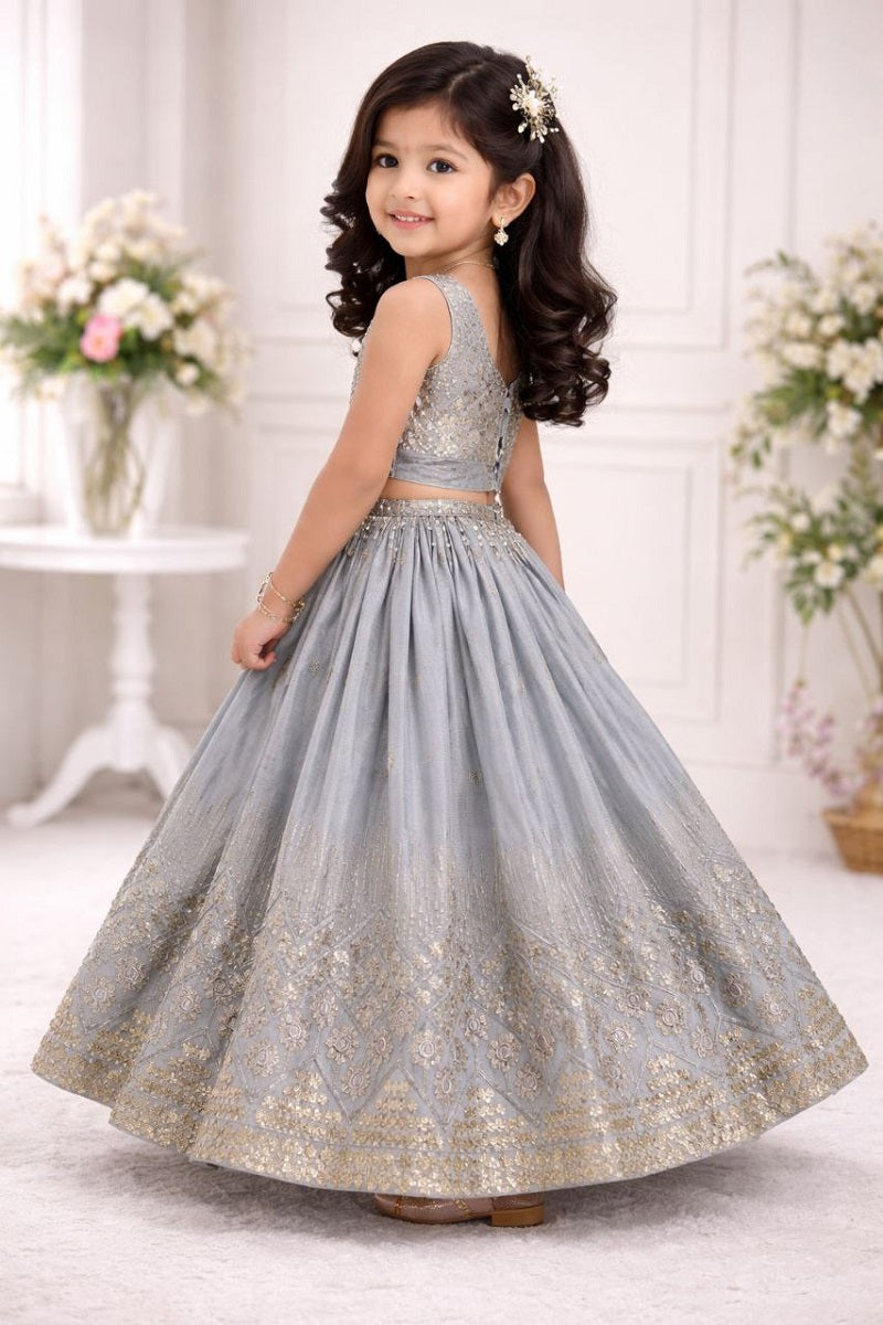 Evanik Grey Georgette Embroidered Work Wedding Kids Lehenga Choli - Dista