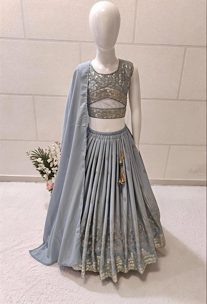 Evanik Grey Georgette Embroidered Work Wedding Kids Lehenga Choli - Dista
