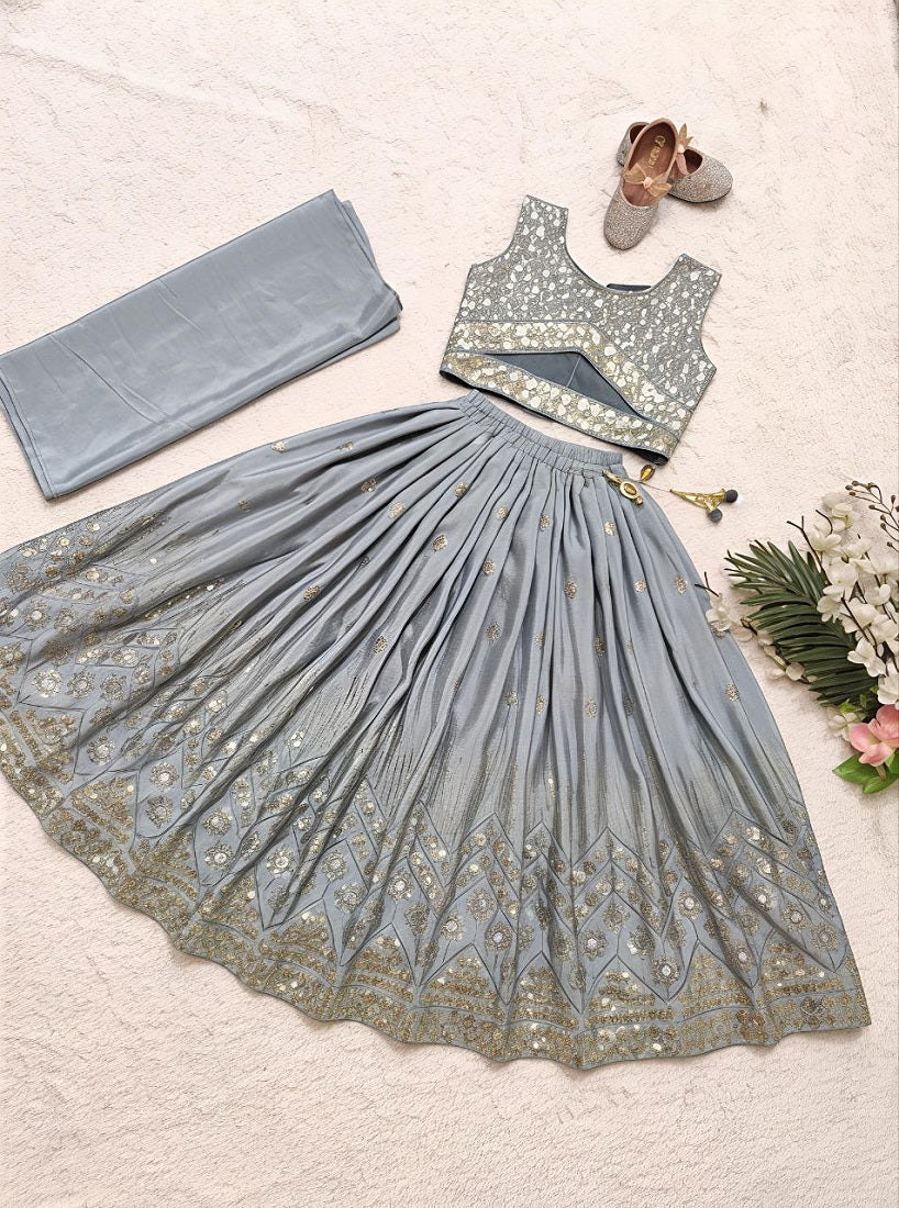 Evanik Grey Georgette Embroidered Work Wedding Kids Lehenga Choli - Dista