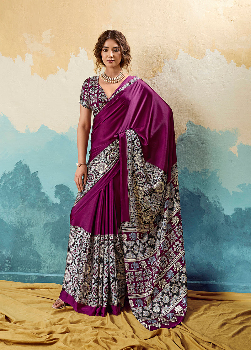 Monjolika Fashion Ajrakh Wine Faux Satin Printed Saree With Ethnic Motif