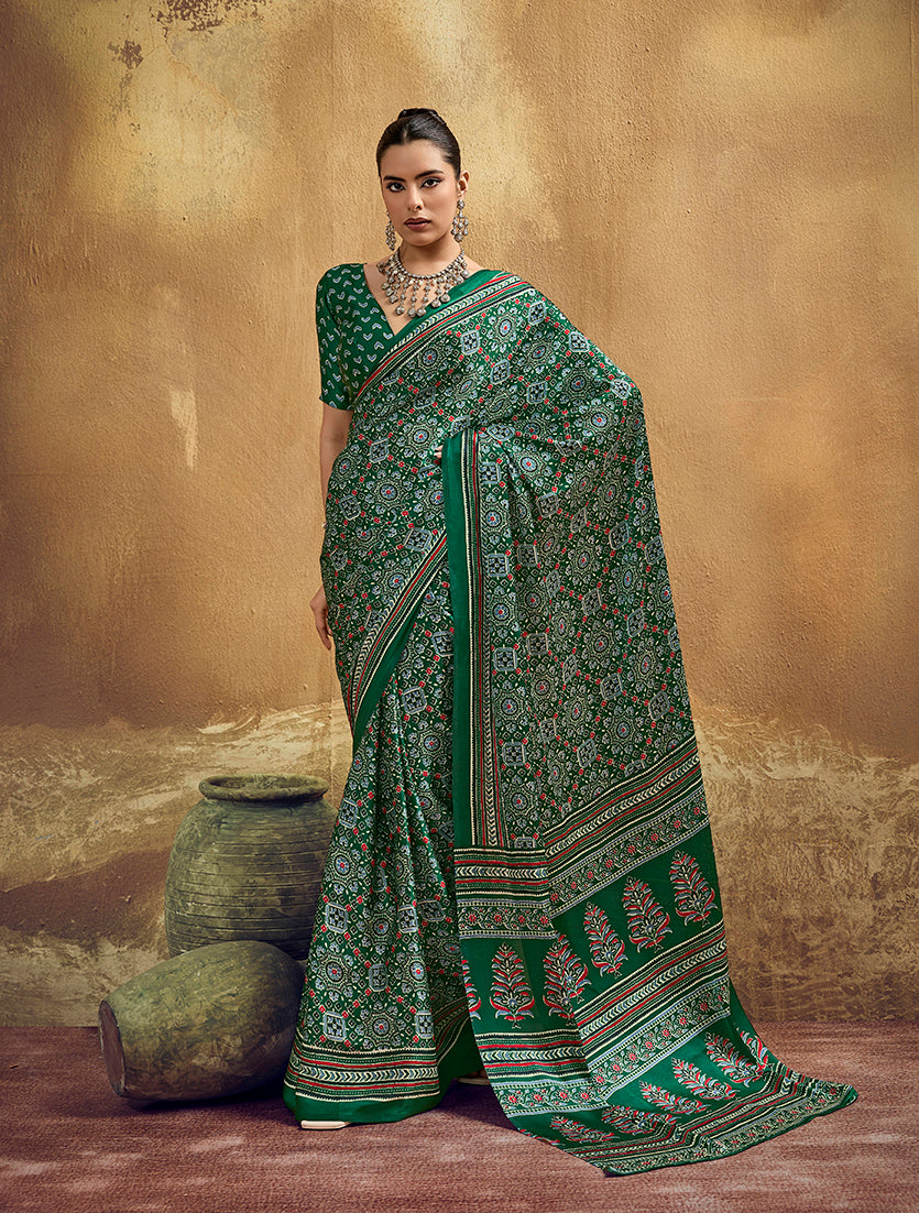 Monjolika Fashion Green Faux Satin Printed Ajrakh Saree With Rich Border Print