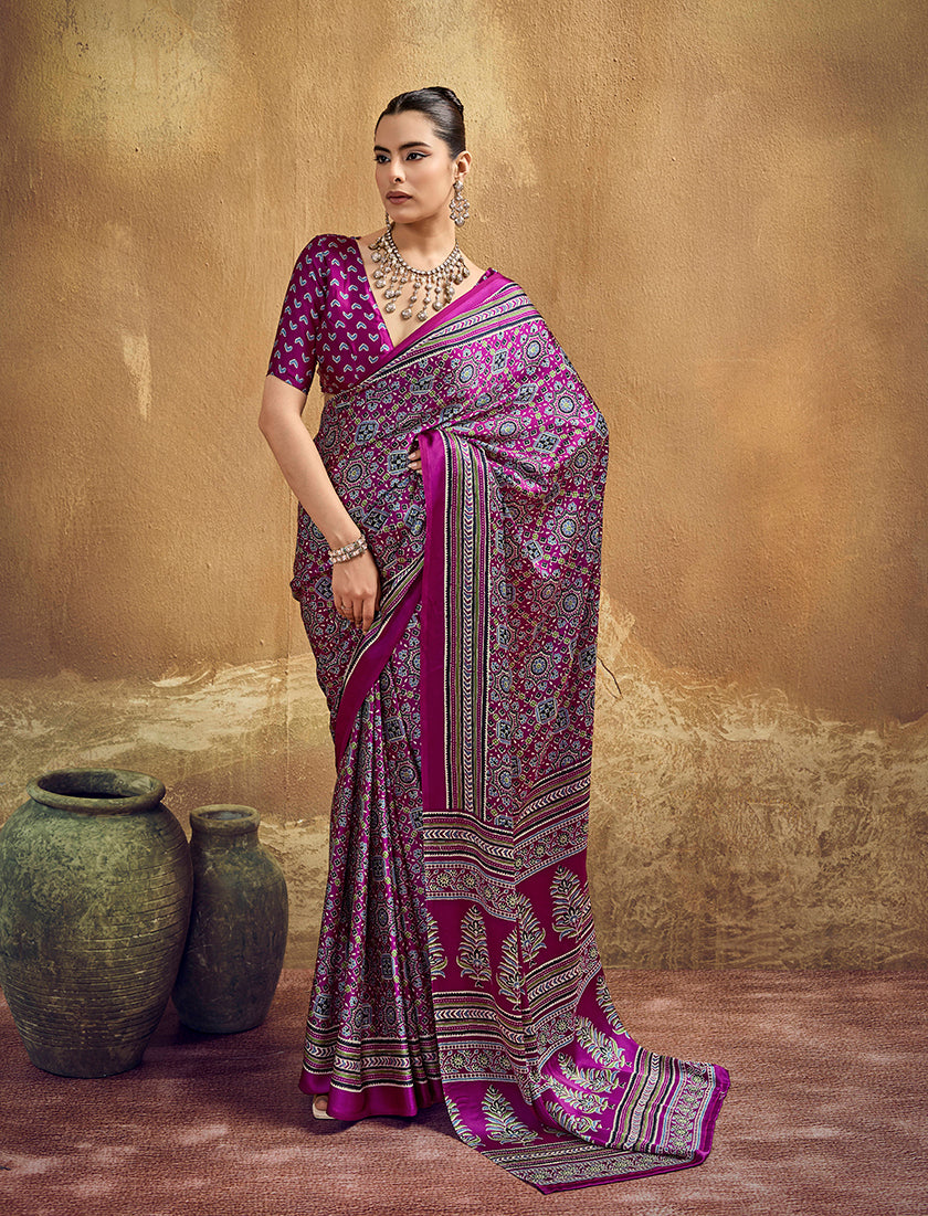 Monjolika Fashion Magenta Faux Satin Printed Ajrakh Saree With Rich Border Print