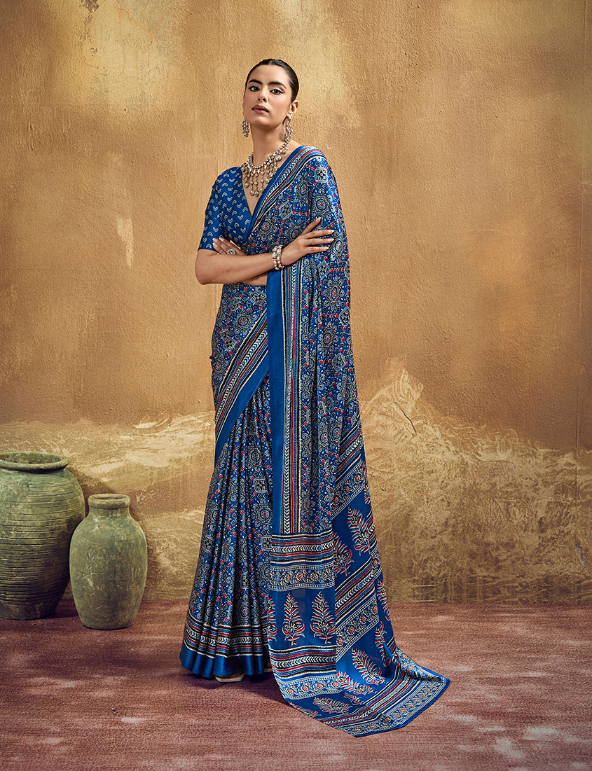 Monjolika Fashion Royal Blue Faux Satin Printed Ajrakh Saree With Rich Border Print