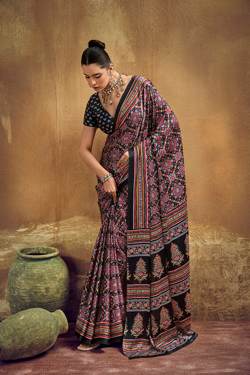 Monjolika Fashion Black Pink Faux Satin Printed Ajrakh Saree With Rich Border Print