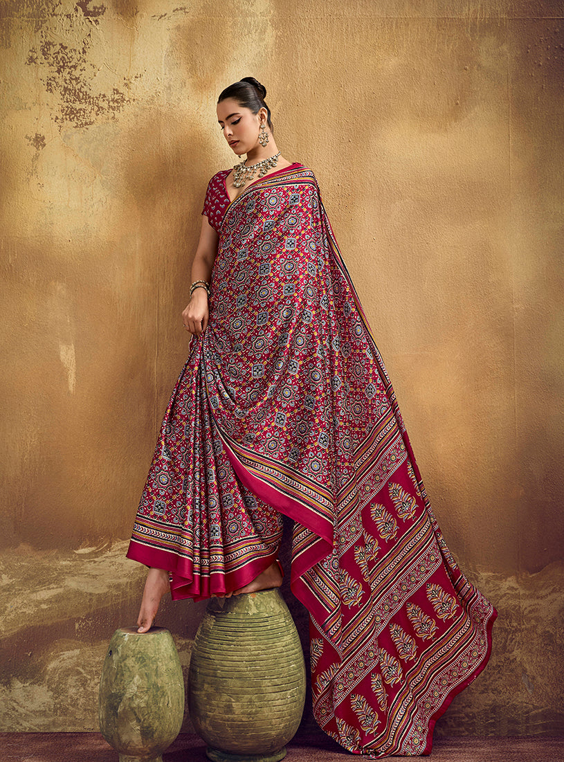 Monjolika Fashion Maroon Pink Faux Satin Printed Ajrakh Saree With Rich Border Print