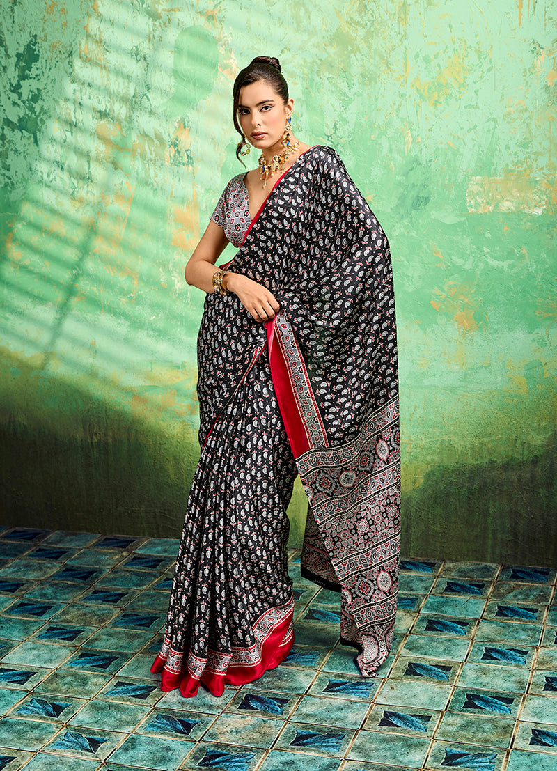 Monjolika Fashion Black Faux Satin Ajrakh Print Saree