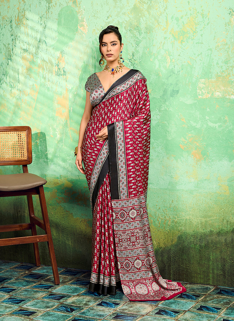 Monjolika Fashion Maroon Faux Satin Ajrakh Print Saree