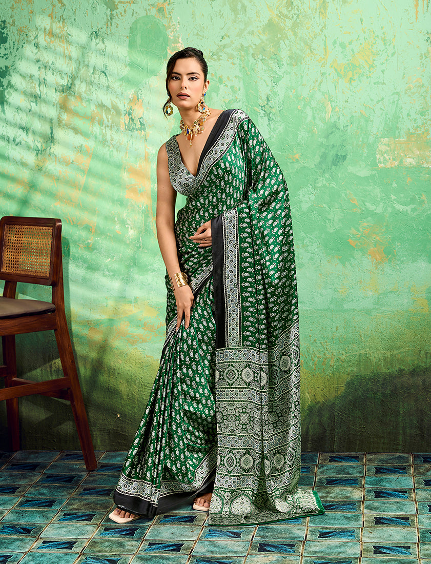 Monjolika Fashion Green Faux Satin Ajrakh Print Saree