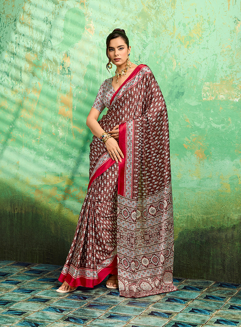 Monjolika Fashion Brown Faux Satin Ajrakh Print Saree