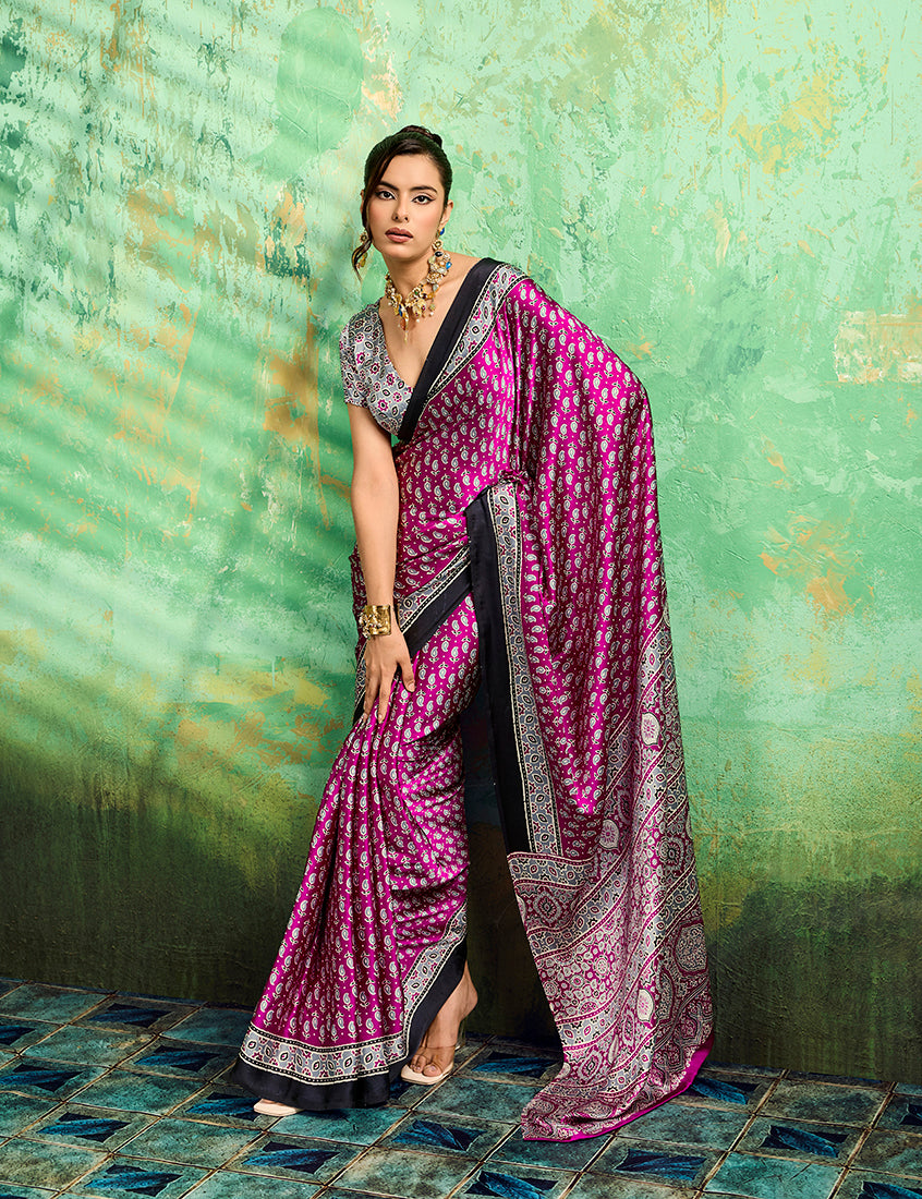 Monjolika Fashion Magenta Faux Satin Ajrakh Print Saree
