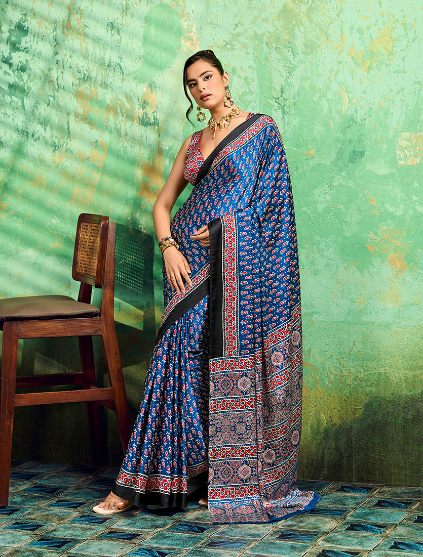 Monjolika Fashion Blue Faux Satin Ajrakh Print Saree