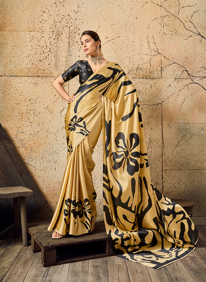 Monjolika Fashion Dark Cream Printed Faux Satin Silk Saree