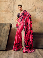 Thumbnail for Monjolika Fashion Bright Pink Printed Faux Satin Silk Saree