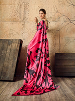 Thumbnail for Monjolika Fashion Bright Pink Printed Faux Satin Silk Saree