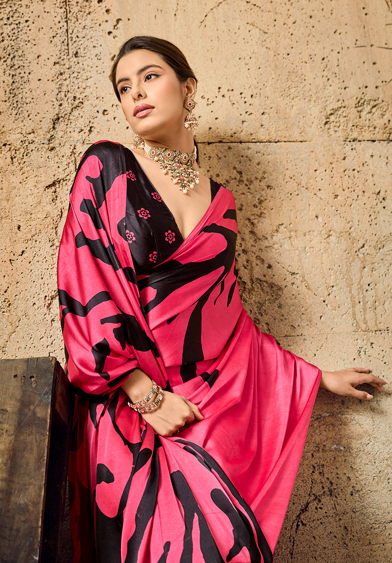 Monjolika Fashion Bright Pink Printed Faux Satin Silk Saree