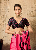 Thumbnail for Monjolika Fashion Bright Pink Printed Faux Satin Silk Saree