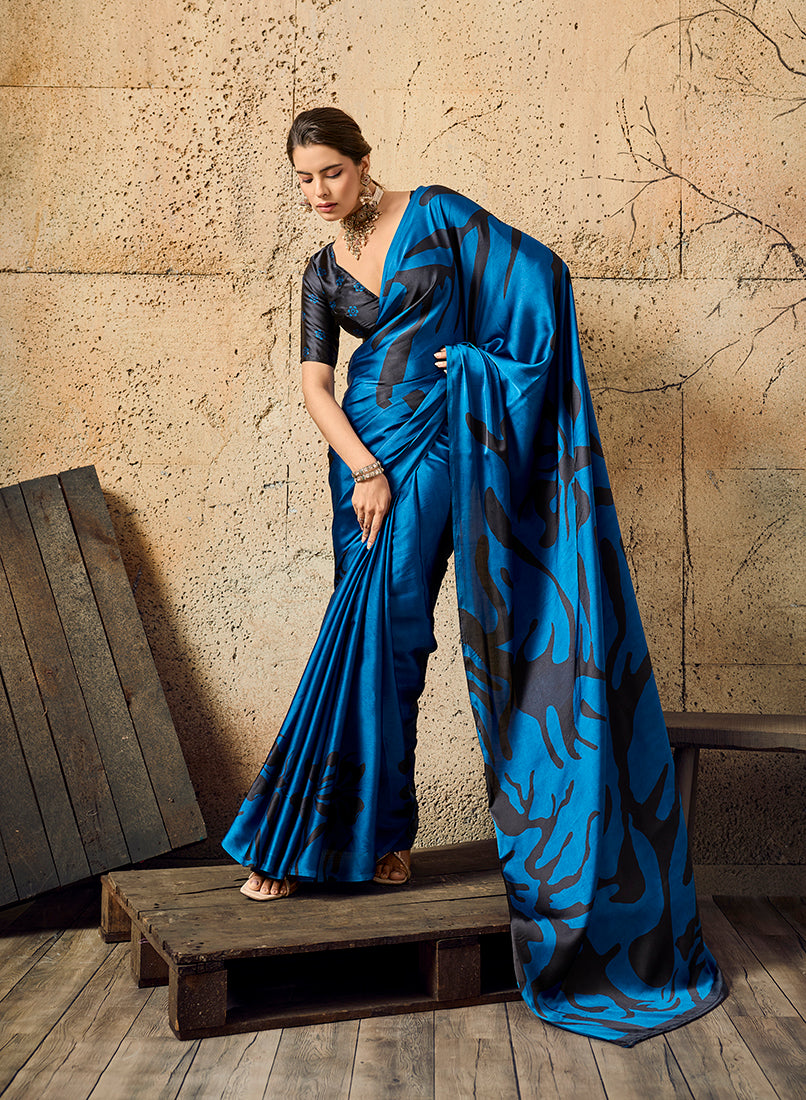 Monjolika Fashion Dark Blue Printed Faux Satin Silk Saree