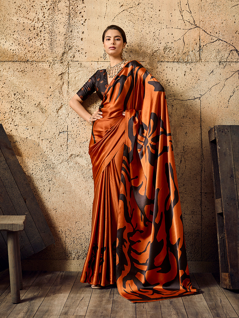 Monjolika Fashion Orange Printed Faux Satin Silk Saree