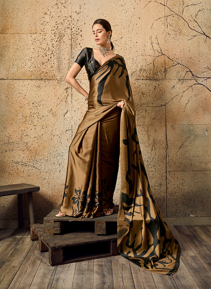 Monjolika Fashion Brown Printed Faux Satin Silk Saree