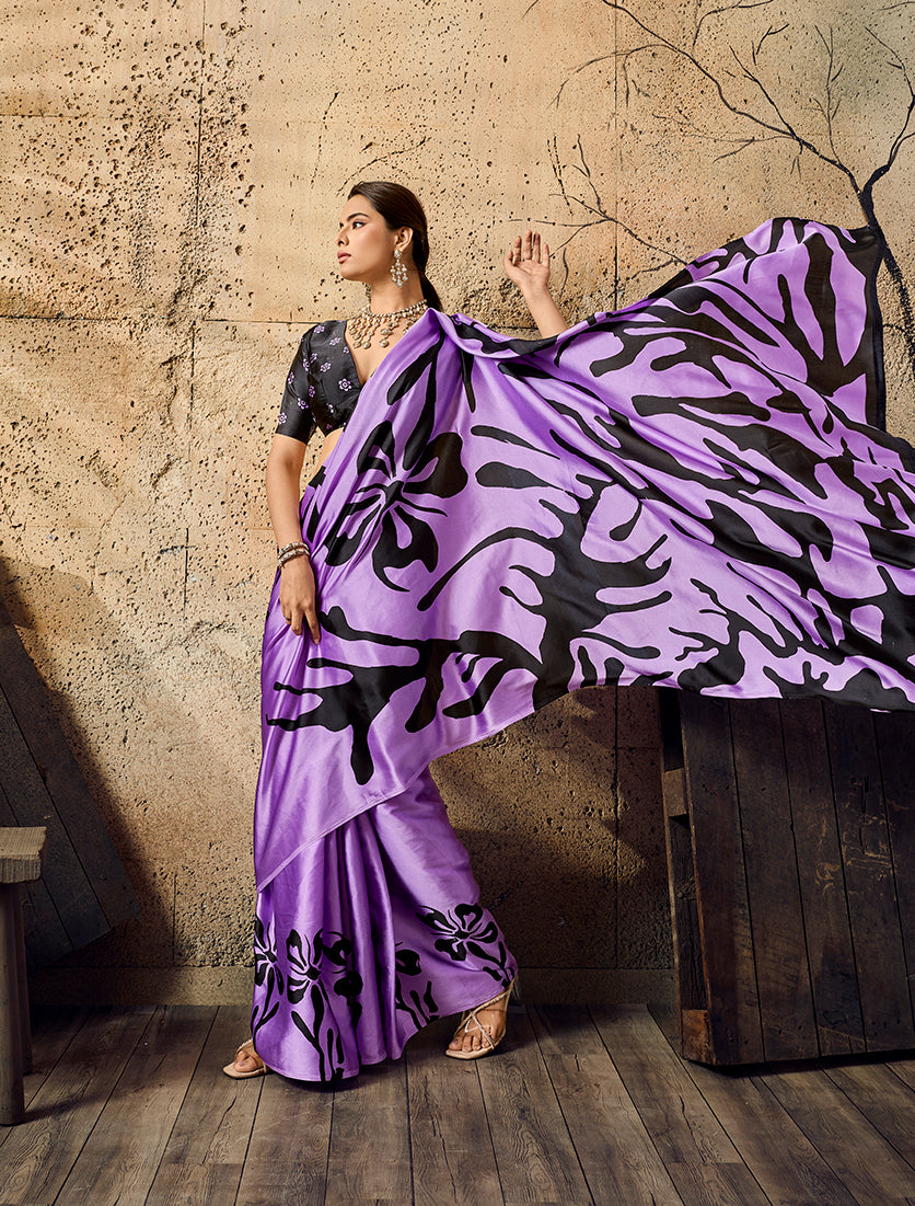 Monjolika Fashion Lavender Printed Faux Satin Silk Saree