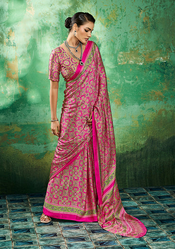 Monjolika Fashion Ajrakh Hot Pink Faux Satin Printed Saree - Dista