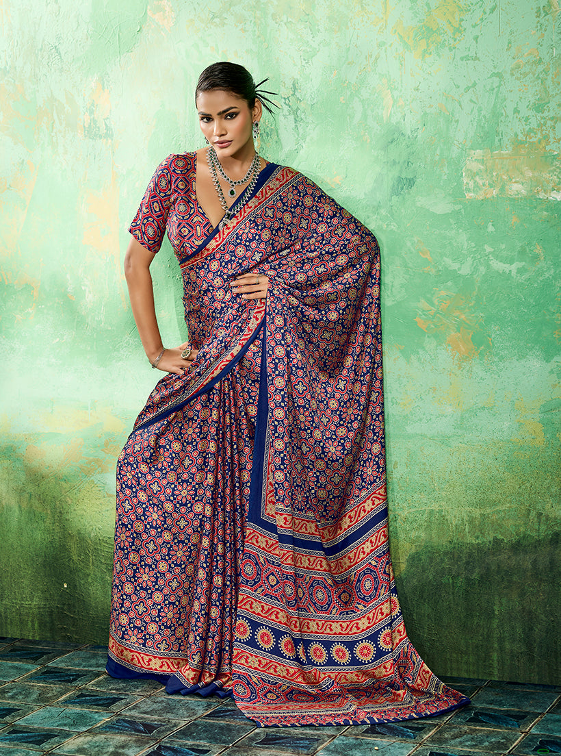Monjolika Fashion Ajrakh Navy Blue Faux Satin Printed Saree