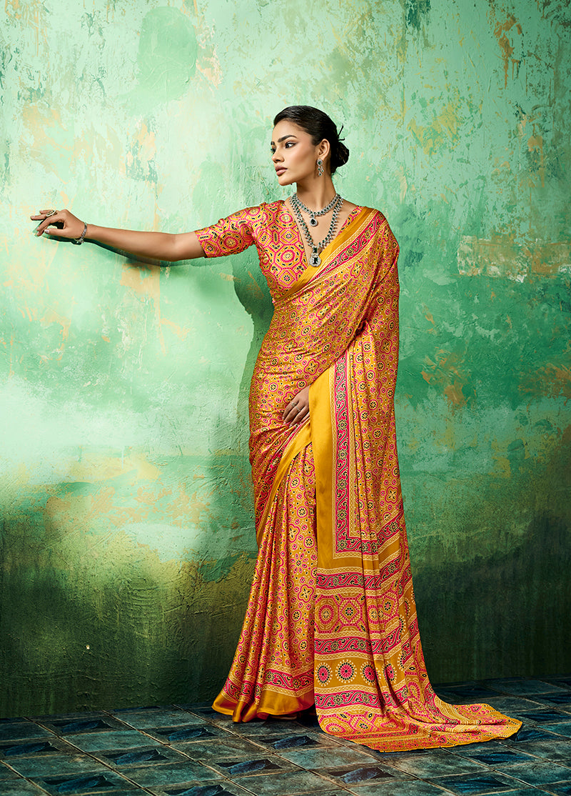 Monjolika Fashion Ajrakh Amber Faux Satin Printed Saree - Dista