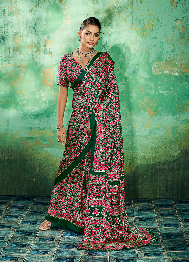 Monjolika Fashion Ajrakh Green Faux Satin Printed Saree - Dista