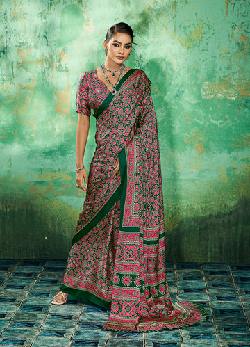 Monjolika Fashion Ajrakh Green Faux Satin Printed Saree - Dista