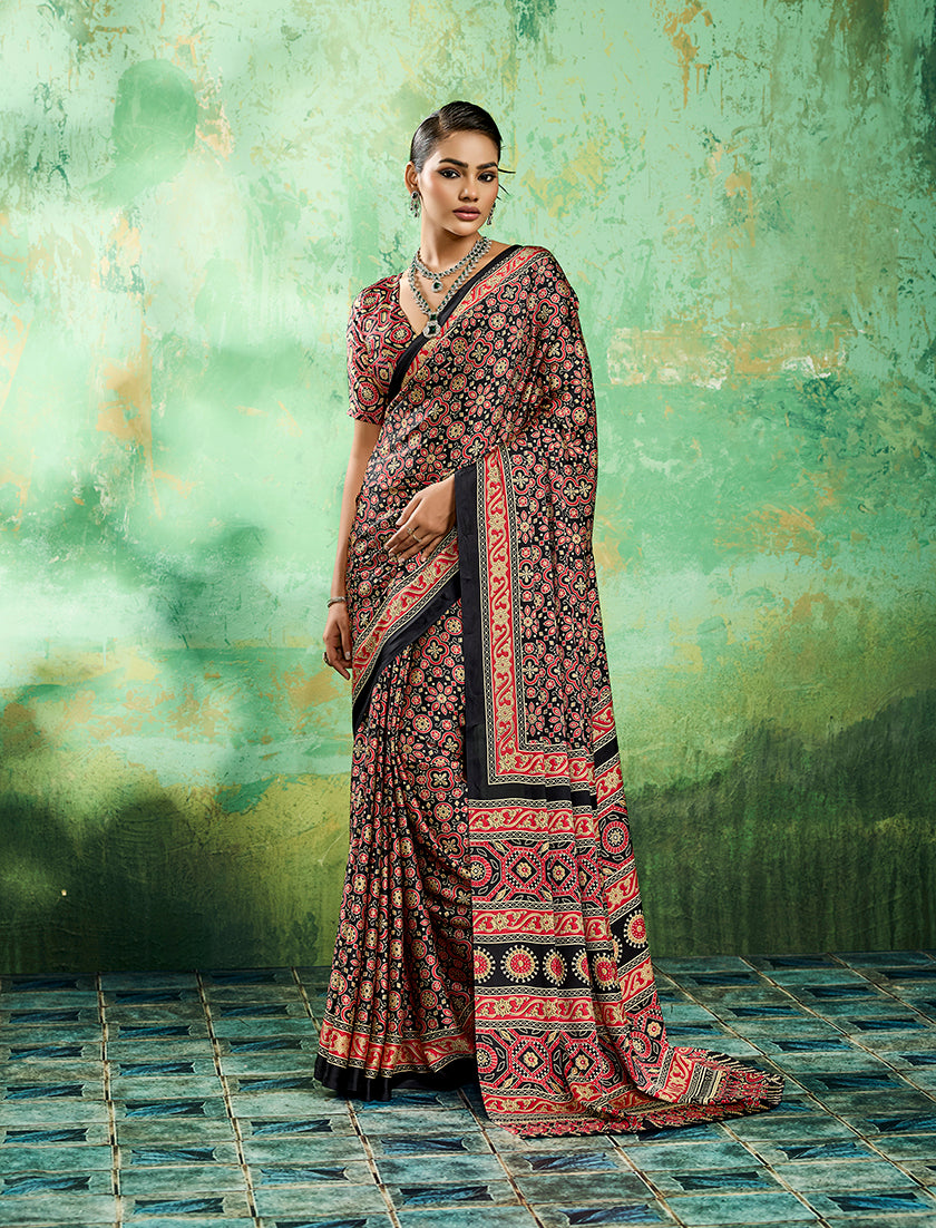 Monjolika Fashion Ajrakh Black Faux Satin Printed Saree