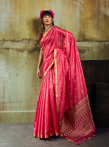 Monjolika Fashion Pink Weaving Faux Tussar Silk Saree With Zari Woven Pallu - Dista