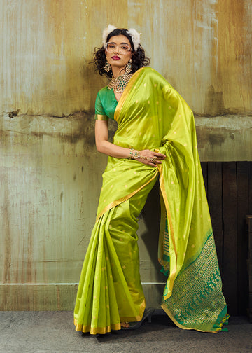 Monjolika Fashion Parrot Green Weaving Faux Tussar Silk Saree With Zari Woven Pallu - Dista