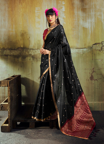 Monjolika Fashion Black Weaving Faux Tussar Silk Saree With Zari Woven Pallu - Dista