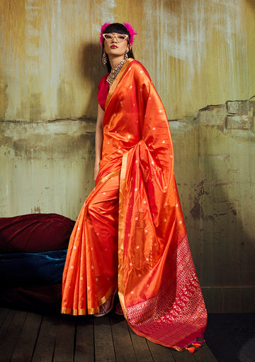 Monjolika Fashion Orange Weaving Faux Tussar Silk Saree With Zari Woven Pallu - Dista