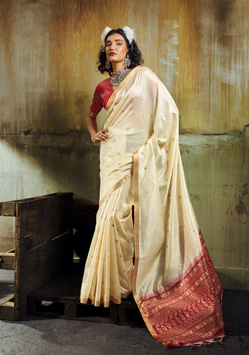 Monjolika Fashion Cream Weaving Faux Tussar Silk Saree With Zari Woven Pallu - Dista