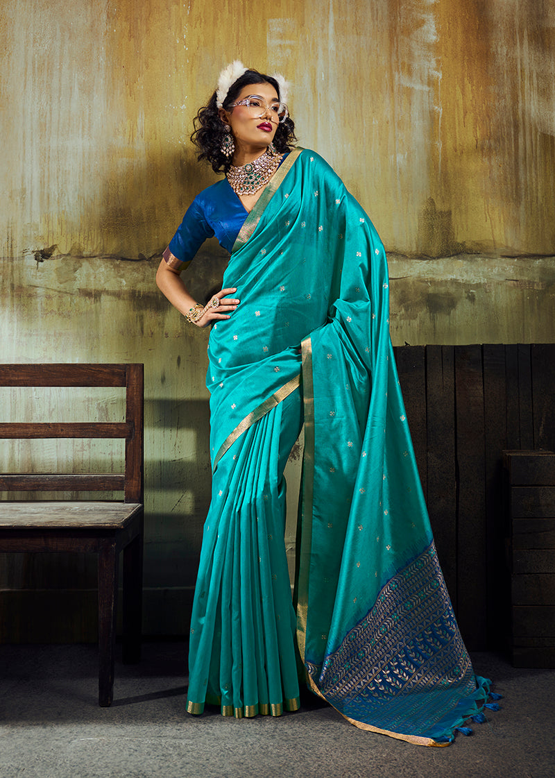 Monjolika Fashion Aqua Blue Weaving Faux Tussar Silk Saree With Zari Woven Pallu