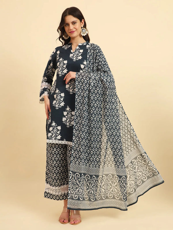 Yufta Pure Cotton Pakistani Style Kurta Set With Pant & Dupatta With Lace Detailing