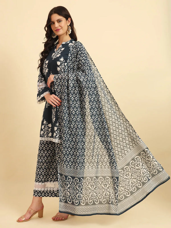 Yufta Pure Cotton Pakistani Style Kurta Set With Pant & Dupatta With Lace Detailing