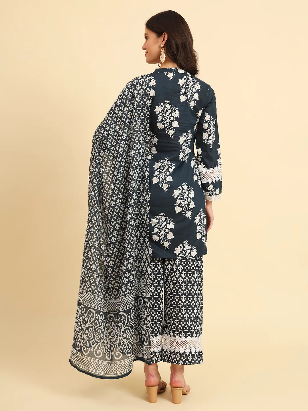 Yufta Pure Cotton Pakistani Style Kurta Set With Pant & Dupatta With Lace Detailing