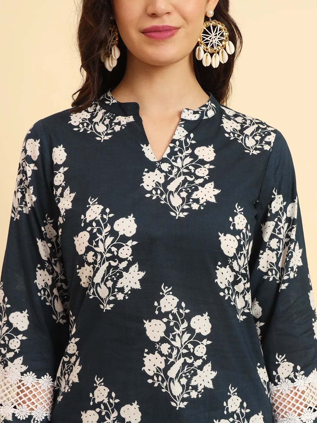 Yufta Pure Cotton Pakistani Style Kurta Set With Pant & Dupatta With Lace Detailing