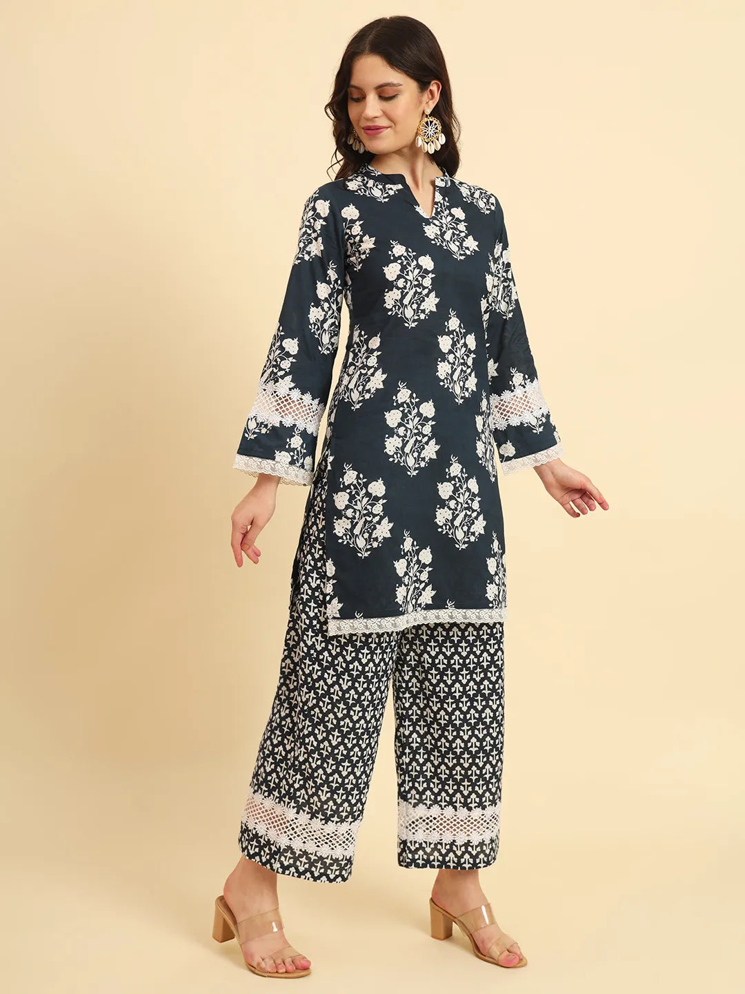 Yufta Pure Cotton Pakistani Style Kurta Set With Pant & Dupatta With Lace Detailing