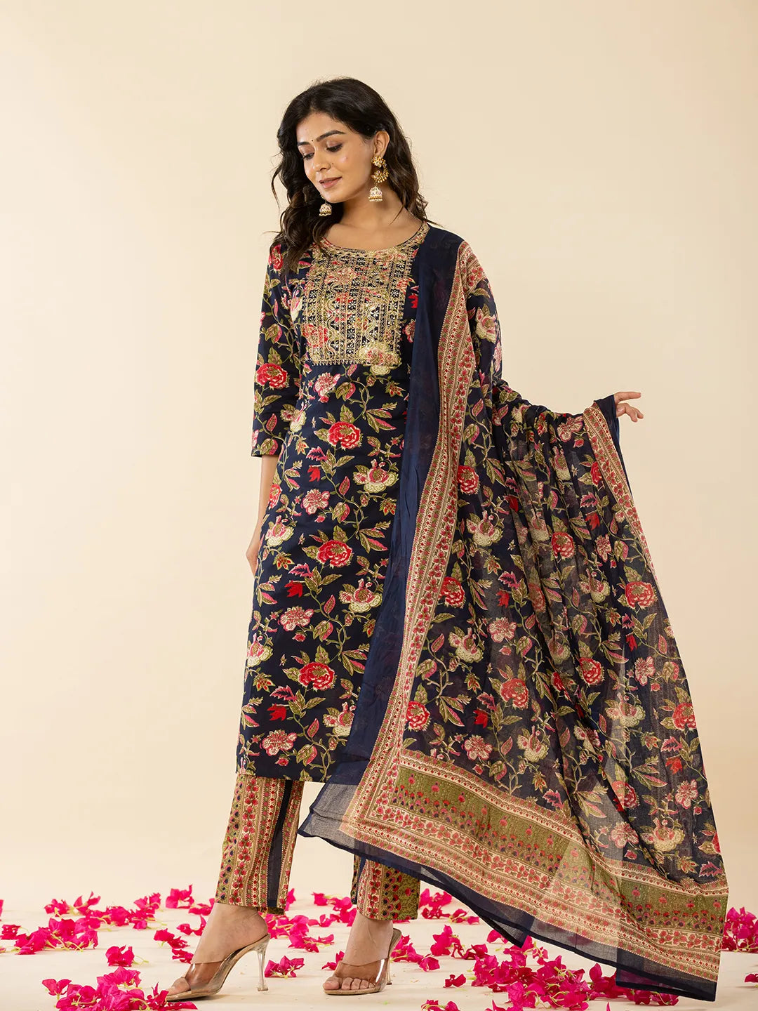 Yufta Navy Blue Floral Thread Work Pure Cotton Kurta Trousers With Dupatta Set - Distacart